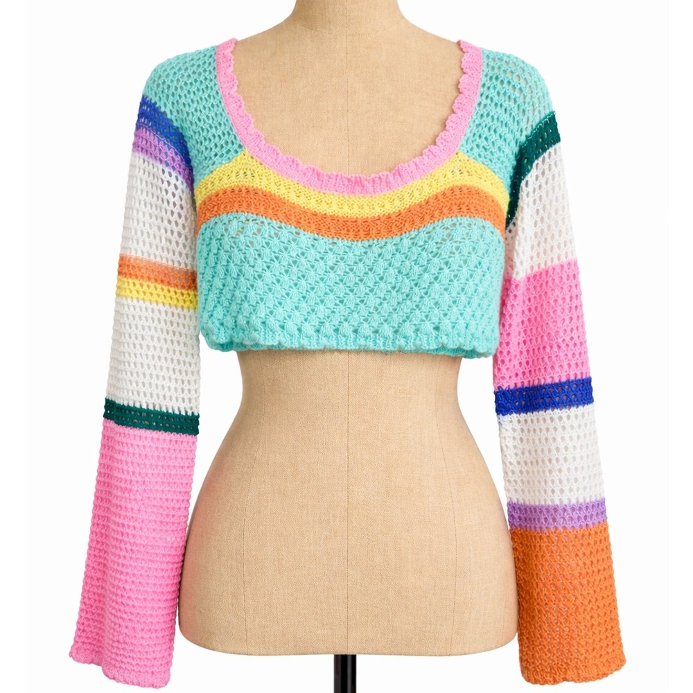 Handmade Striped Crochet Cropped Top Size S Multicolor Long Sleeve Festival Rave